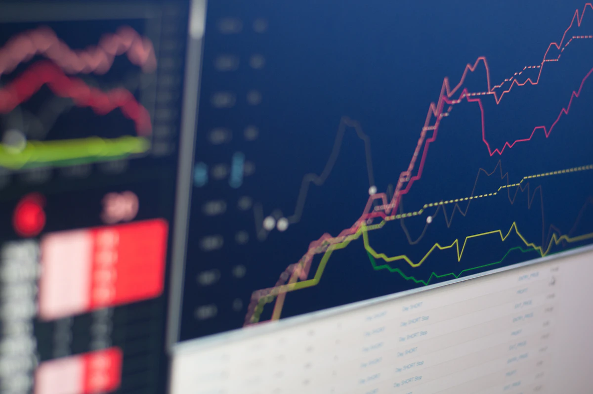Dark trading terminal displaying multiple colored performance line charts