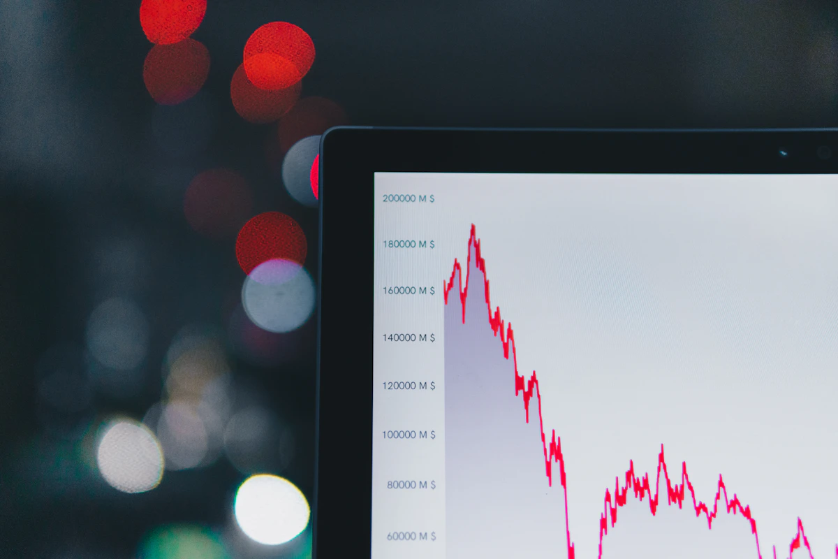 Computer screen displaying a red downward trend line representing a trading loss